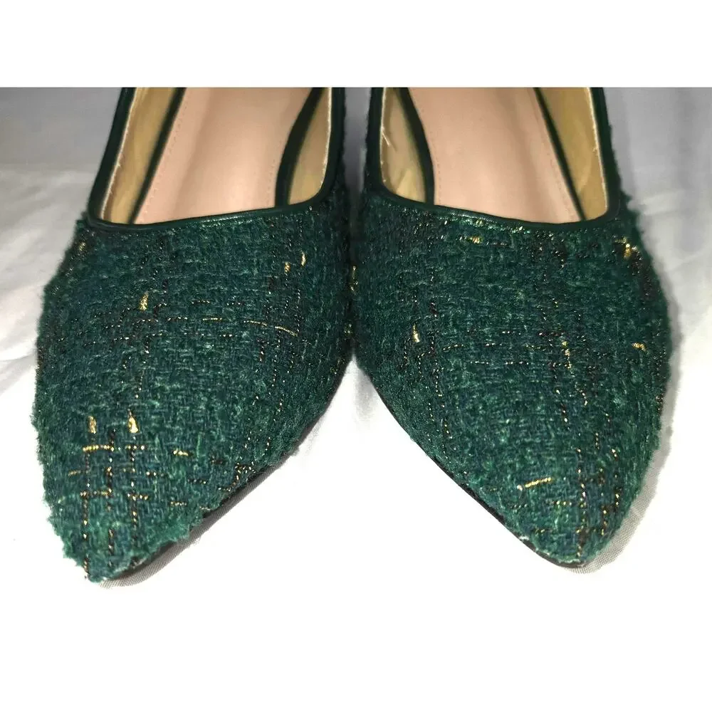 Allegra K Women Sz 9 Dark Green Gold Tweed Wedge Heels Wedding Granny Retro